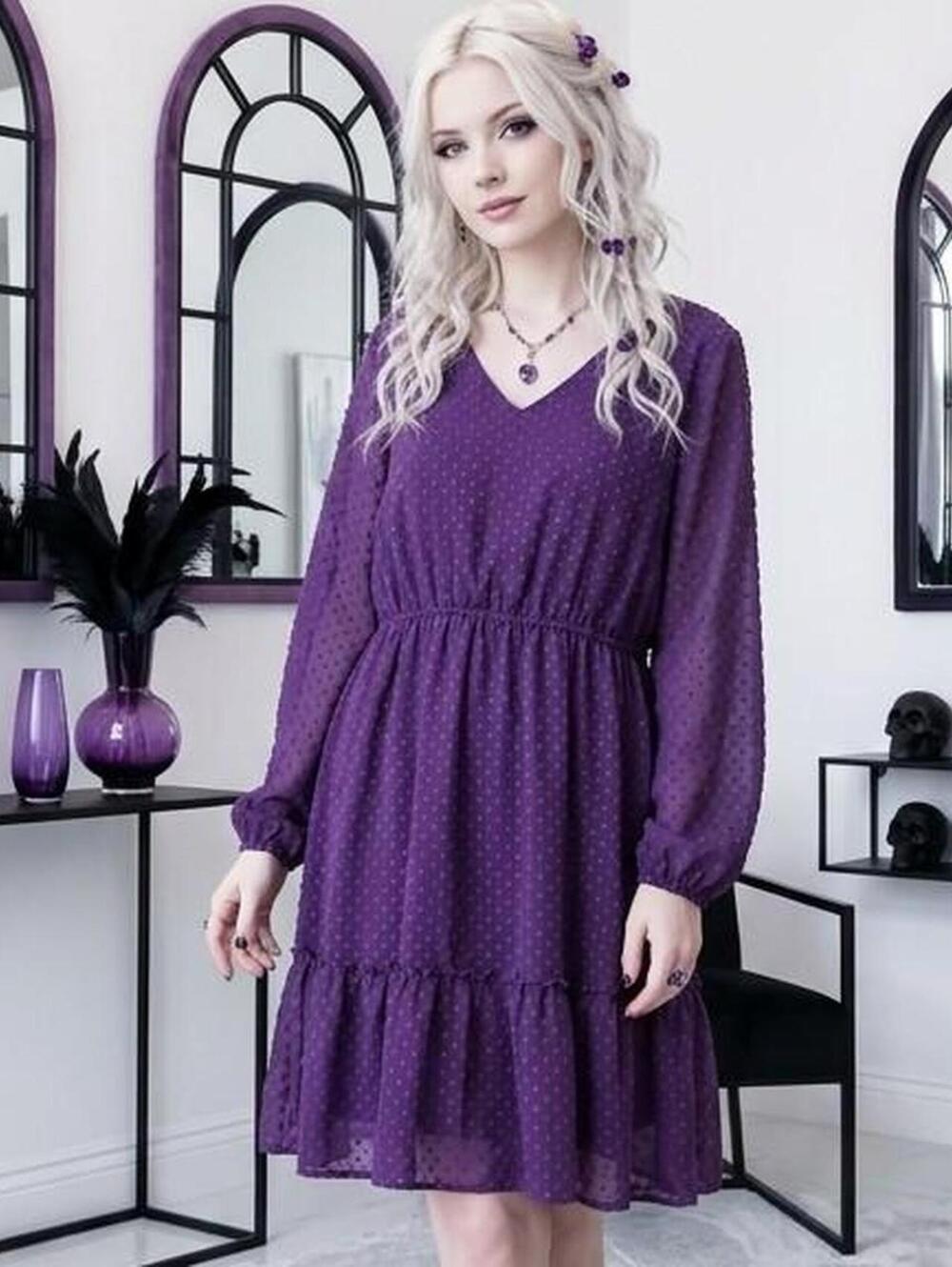 Indigo Rose purple polka dot dress with ruffle hem and long sleeves. Size: 3XL